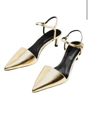 Massimo Dutti Metallic Gold Pointed-Toe Ankle-Strap Kitten Heels